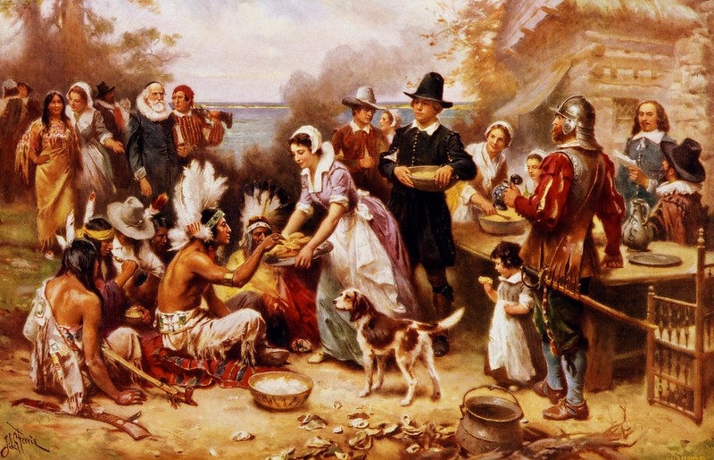 アメリカで初めての感謝祭の様子。現在の感謝祭の由来 - Wikipediaより
Jean Leon Gerome Ferris: The First Thanksgiving, 1621