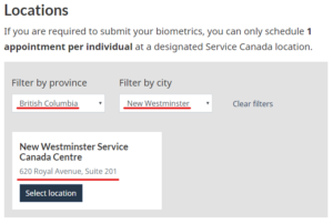 New Westminister ニューウェストミンスター（バンクーバーより南東の街）でのバイオメトリクス採取の手続き可能場所 - カナダ政府公式ウェブサイトよりスクリーンキャプチャ画像