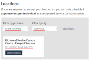 リッチモンド（バンクーバーより南の方の街）でのバイオメトリクス採取の手続き可能場所 - カナダ政府公式ウェブサイトよりスクリーンキャプチャ画像