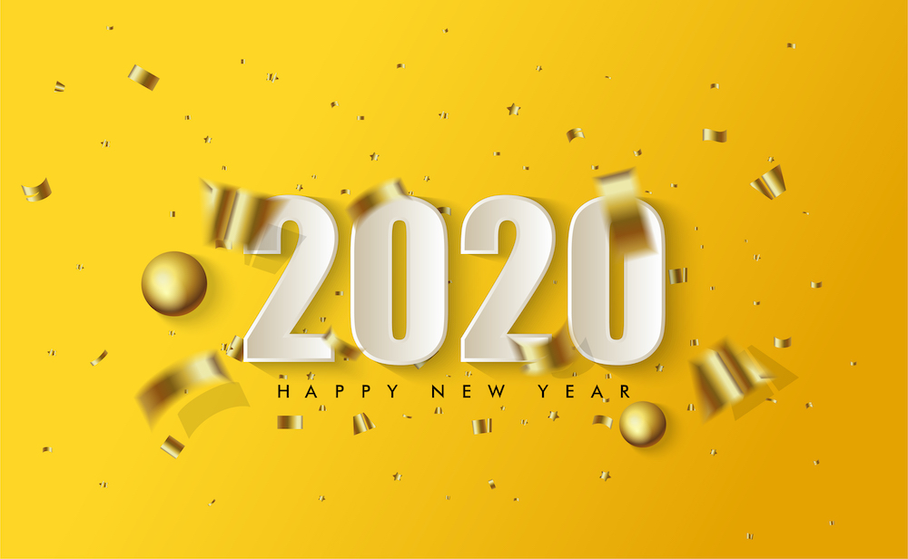 2020年新年おめでとう − 2020-feliz-ano-novo-com-ilustracoes-de-figuras-3d-brancas-e-pedacos-rasgados-de-papel-dourado-espalhados-em-amarelo from Freepik