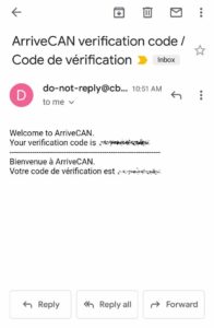 ArriveCAN 認証番号メール例