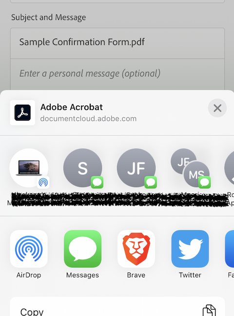  iOSの標準の共有メニュー - Adobe Acrobat Readerアプリ