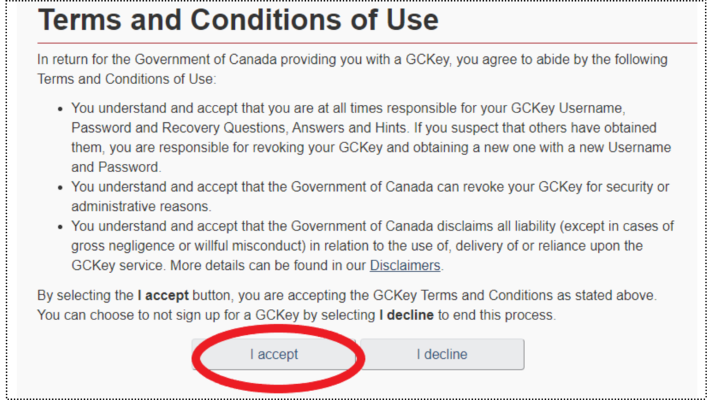 カナダのワーホリビザ申請の利用規約の画面