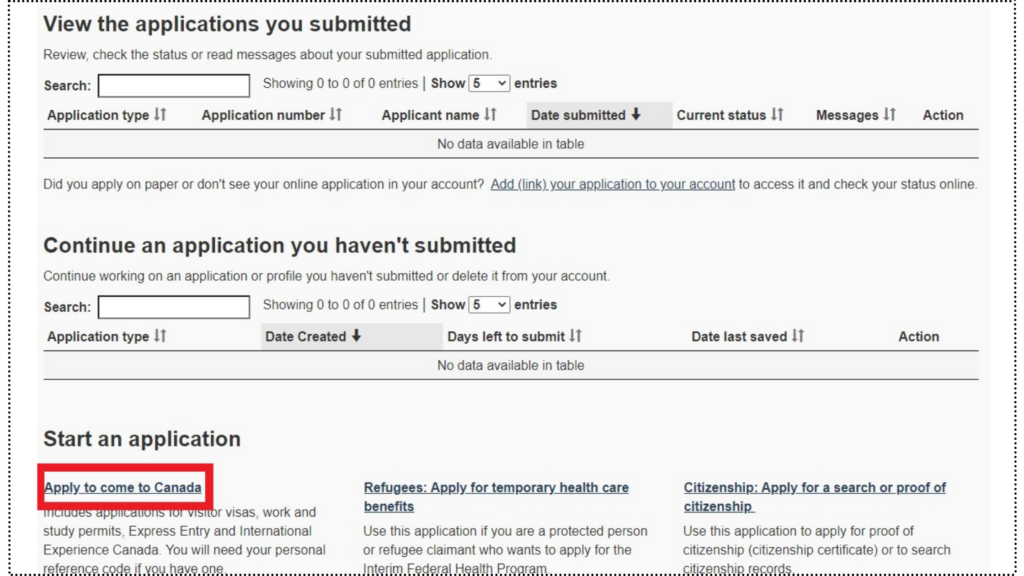 カナダのワーホリビザ申請画面のアカウント設定の初期画面