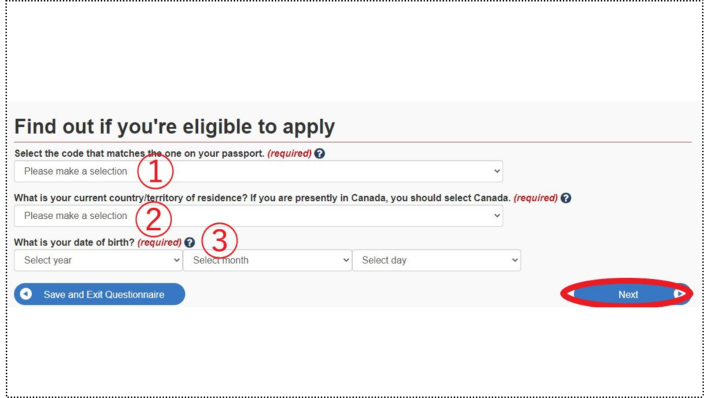 カナダのワーホリビザ申請資格確認画面