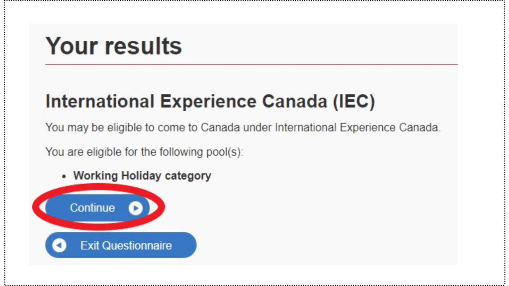 カナダのワーホリビザ申請が可能かどうか確認する画面