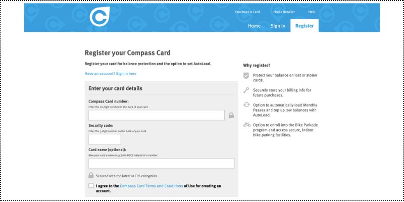 コンパスカードのウェブレジスターページ