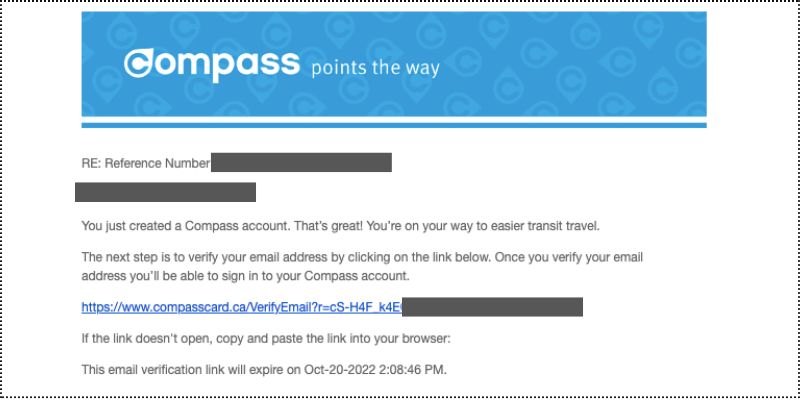 コンパスカードの登録Eメールを確認する画面
