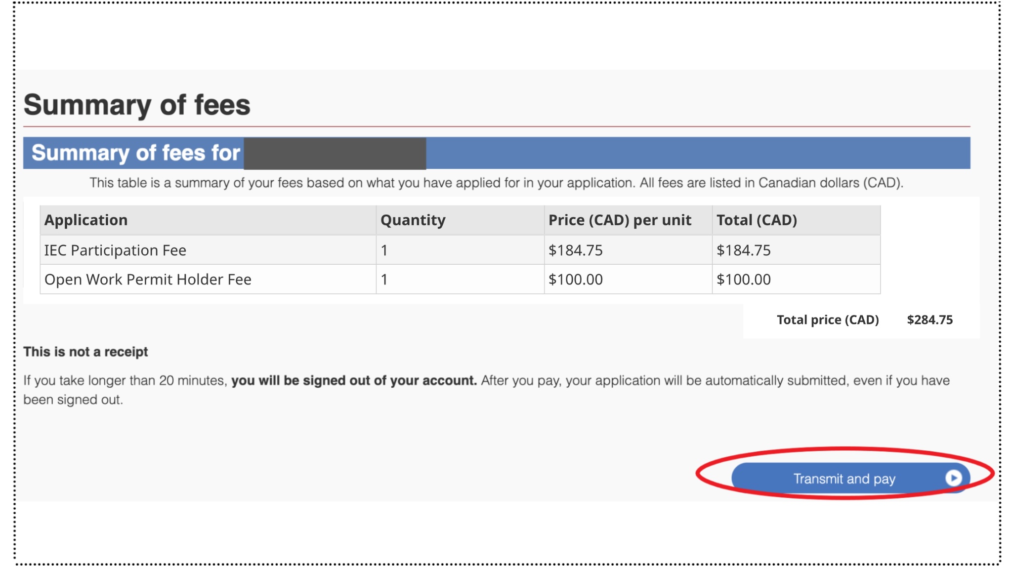 カナダのワーホリビザ申請の費用支払画面